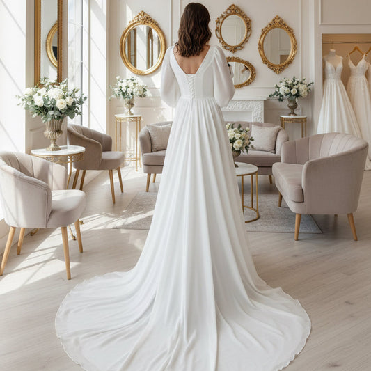 Plus-size chiffon A-line wedding dress, white, V-neck with thin straps and draped skirt