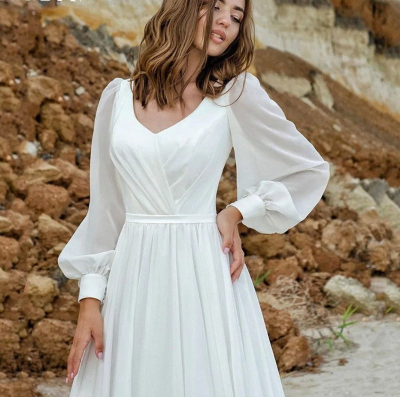 pleated bodice bishop style long sleeve wedding dress with train-formal elegance