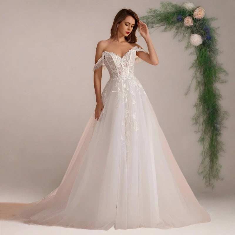 Ivory a-line sweetheart neckline lace  and tulle off the shoulder bridal gown in sizes 2-26w-formal elegance