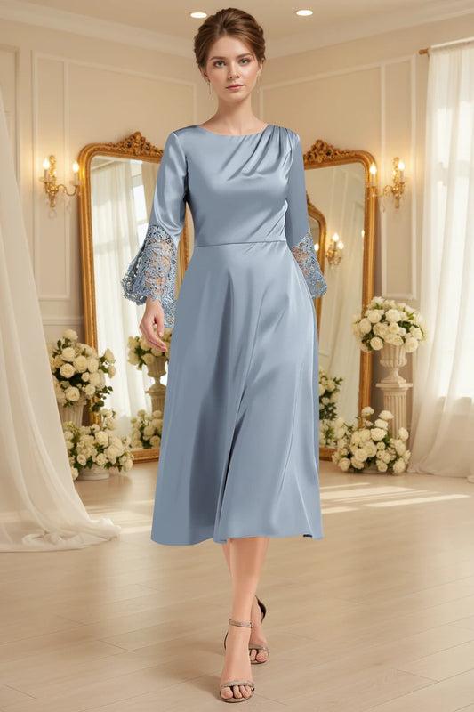 Dusty blue satin A-line midi dress with long lace sleeves and draped neckline