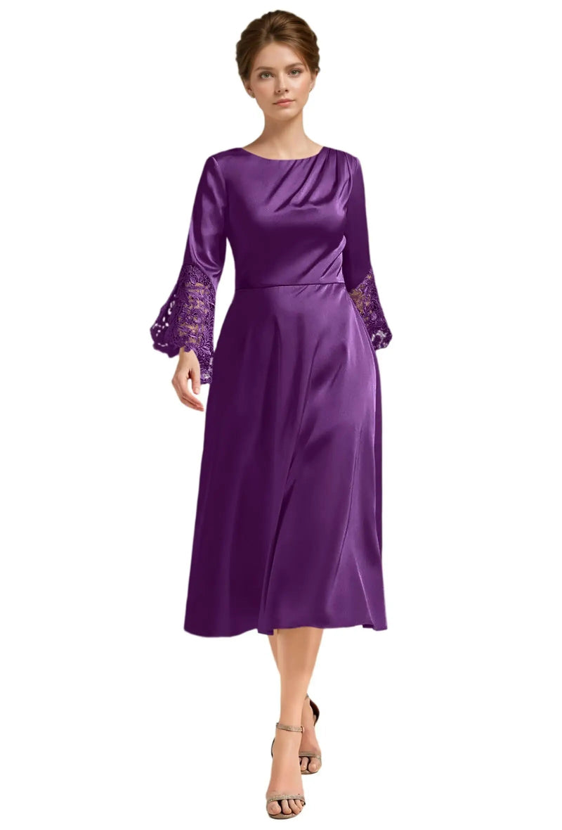 Purple A-line satin midi dress with long lace sleeves and scoop neckline