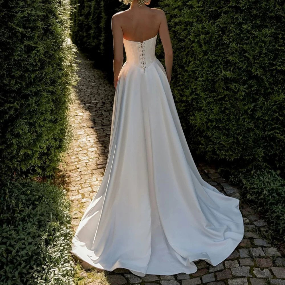 A-Line Strapless Lace Up Back Satin Wedding Dress