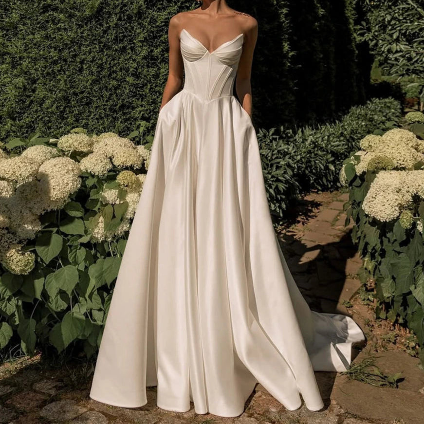 White or Ivory satin A-line strapless corset style bodice with a lace up back wedding dress-formal elegance