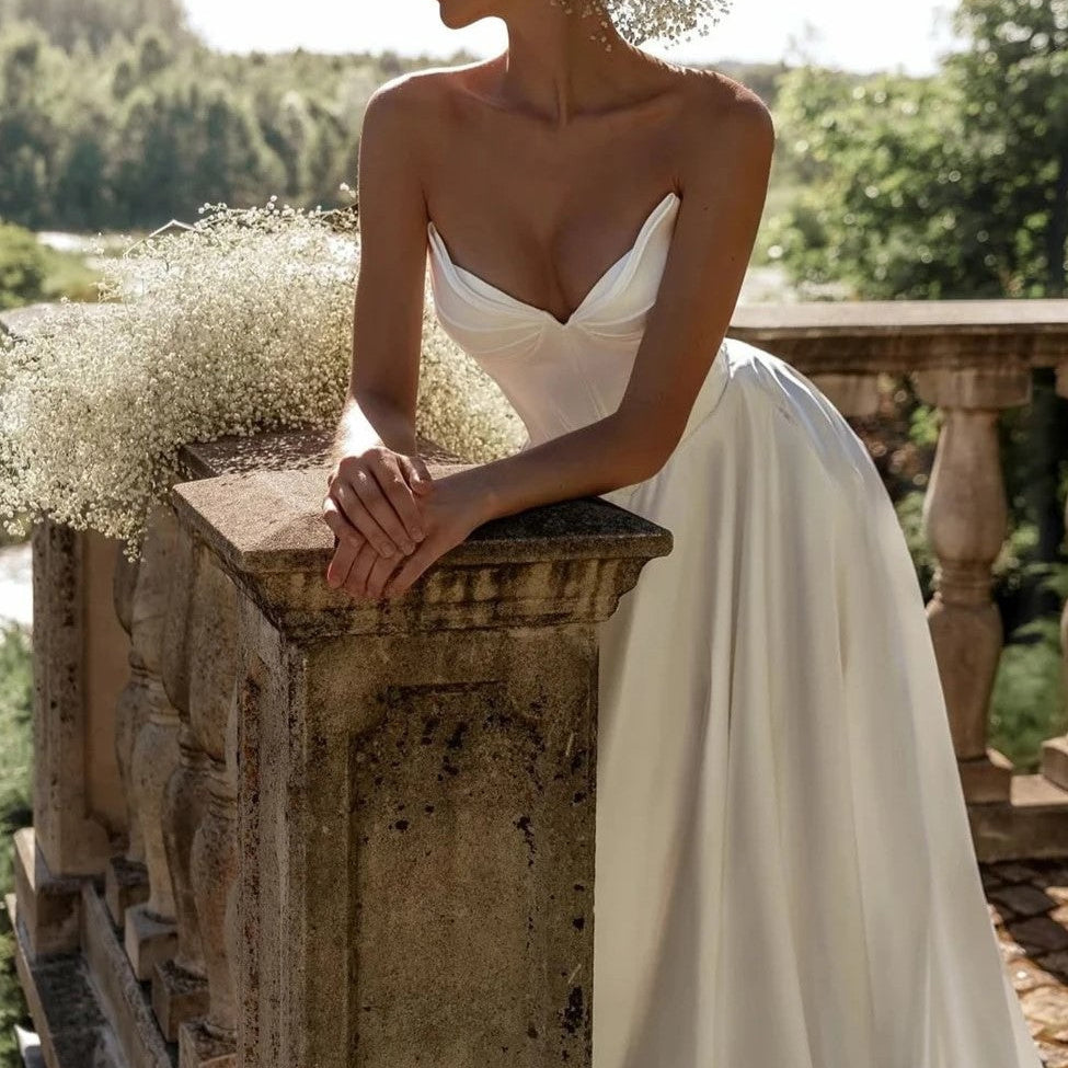 A-Line Strapless Lace Up Back Satin Wedding Dress