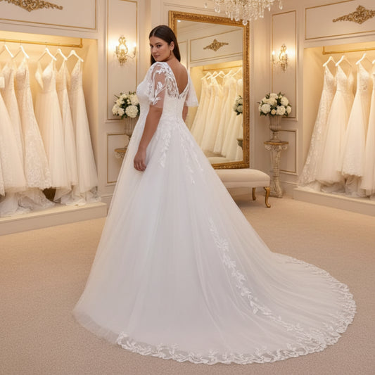Ivory A-line lace wedding dress with V-neck and sheer short sleeves