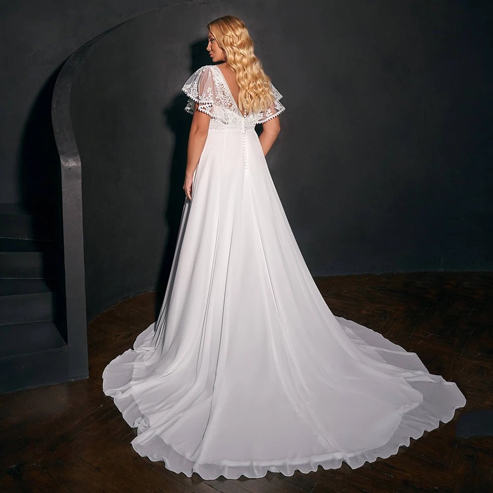 V back design white wedding dress in chiffon fabric with sweeping train