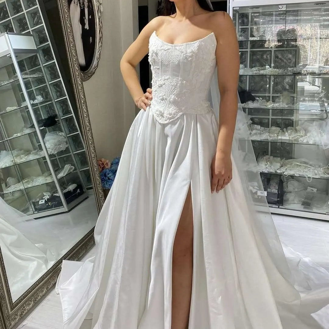 A Line Satin Beaded Lace Custom Bridal Dress