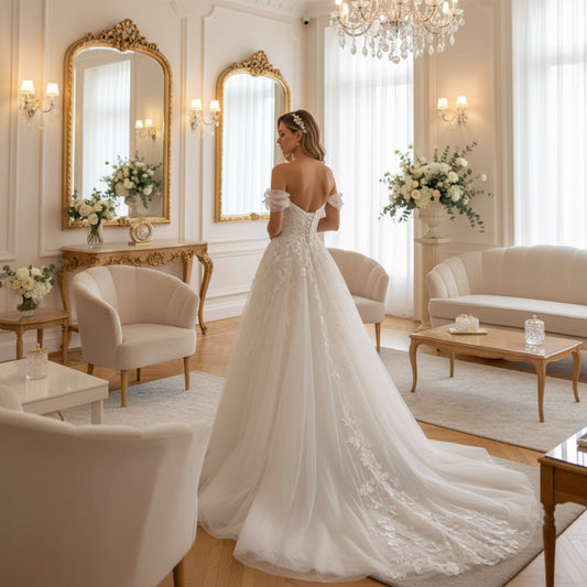 Off-shoulder lace wedding dress with floral bodice and full A-line skirt