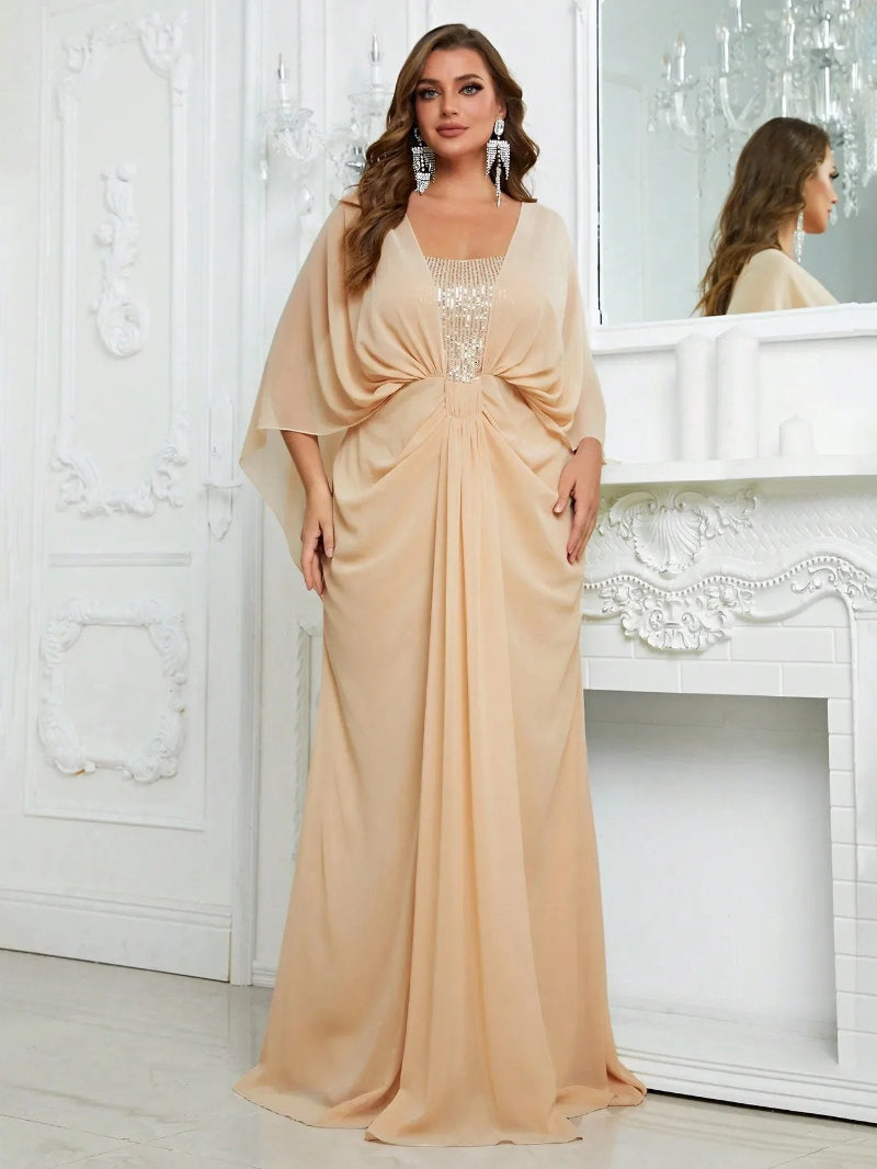 apricot colour chiffon with sequins evening dress