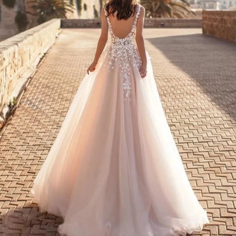 Beach Bridal V Neck Flowers Tulle Wedding Dress