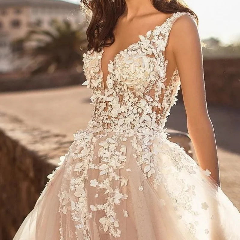 Beach Bridal V Neck Flowers Tulle Wedding Dress