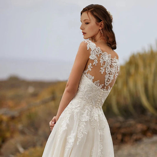 illusion applique lace back with buttons wedding dress-formal elegance