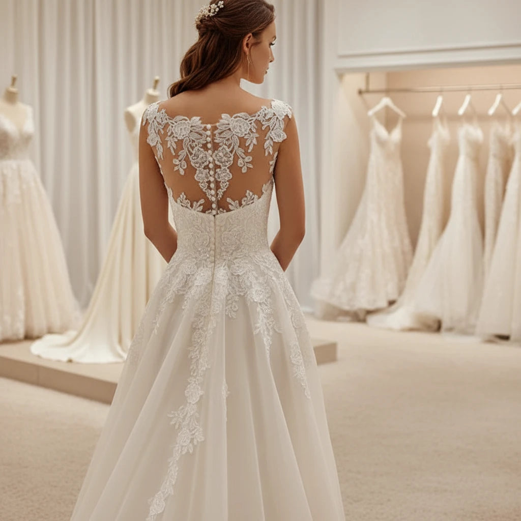 Ivory A-line organza wedding dress with lace back appliqué and fitted bodice