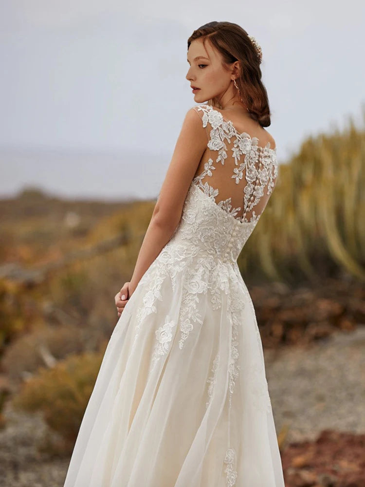 illusion applique lace back with buttons wedding dress-formal elegance