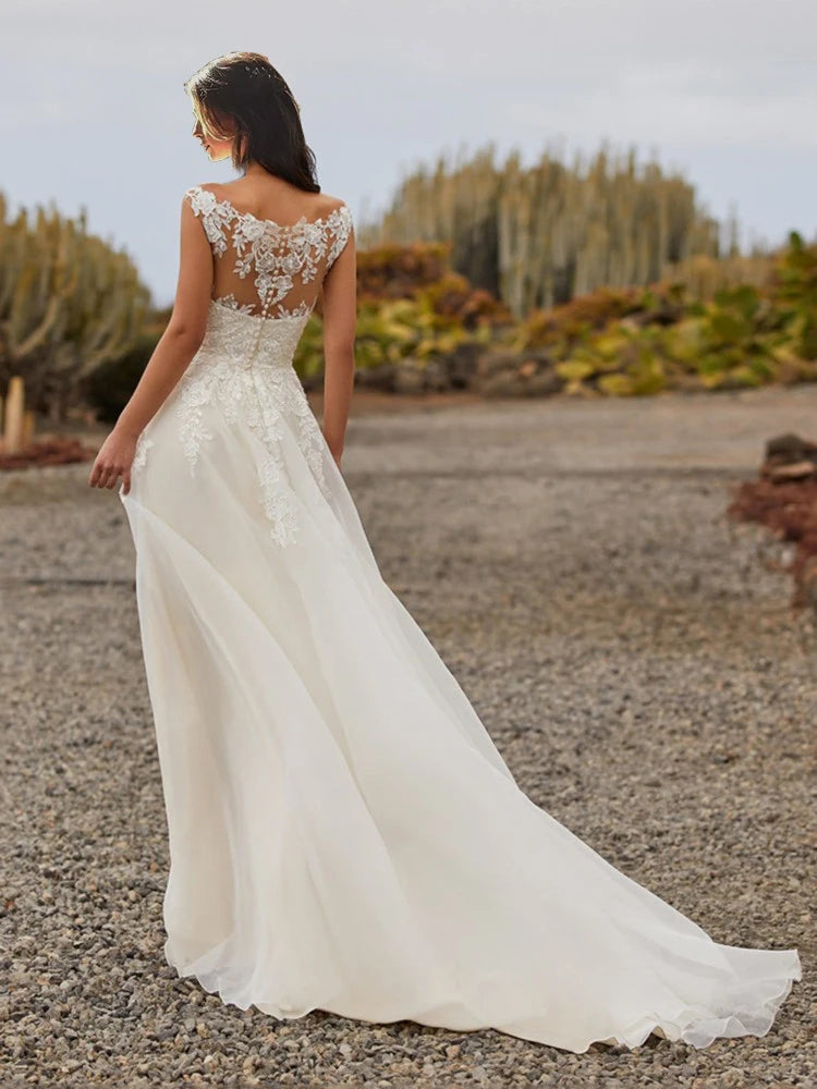 beach wedding dress with lace illusion back and organza fabric sweep train-formal elegance