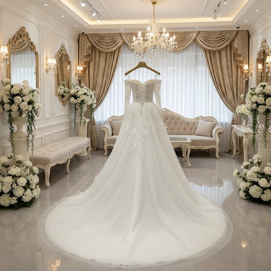 Ivory lace wedding dress with lace corset bodice, crisscross back lacing, and tulle skirt