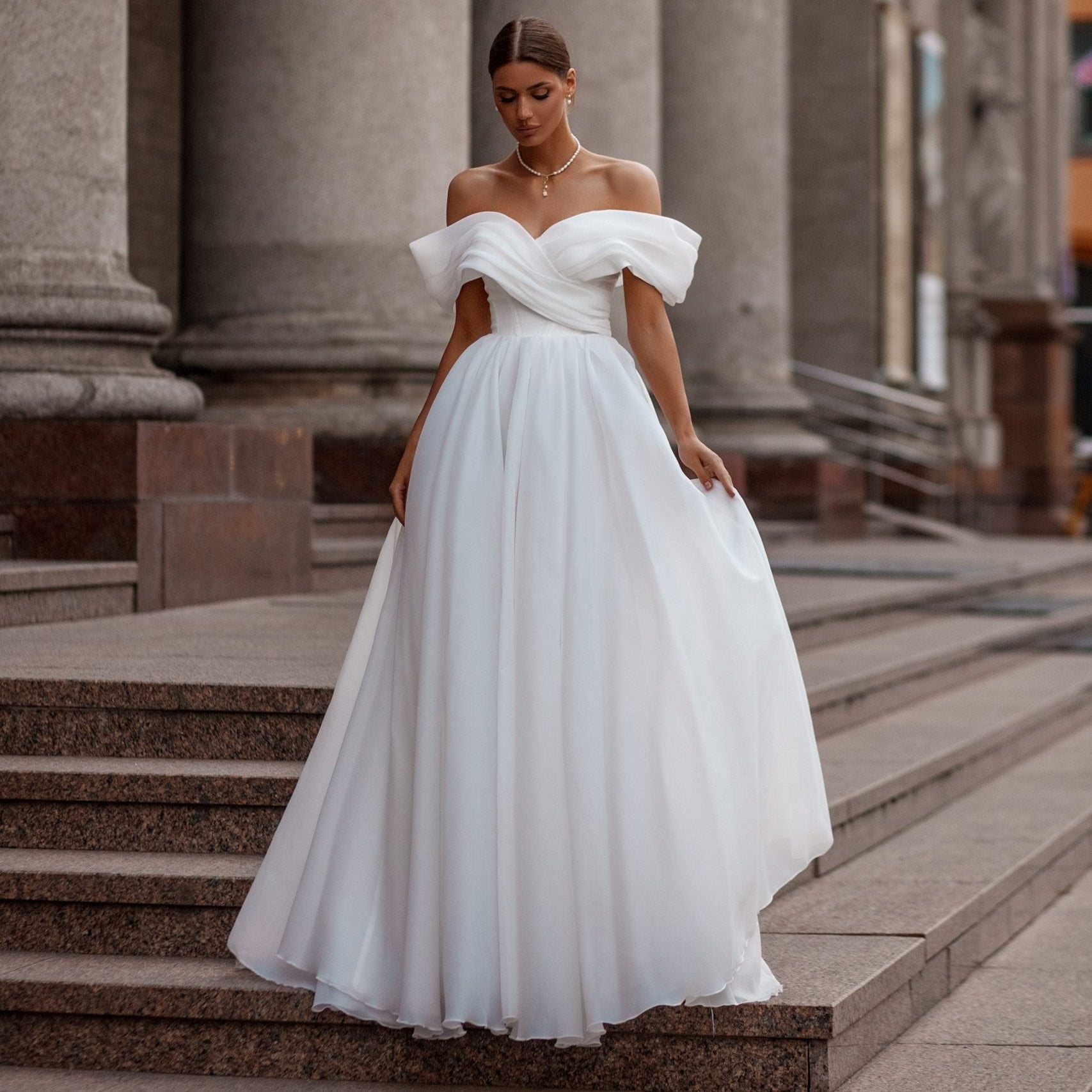 Beach wedding white or ivory off the shoulder made from organza fabric wedding dresses
