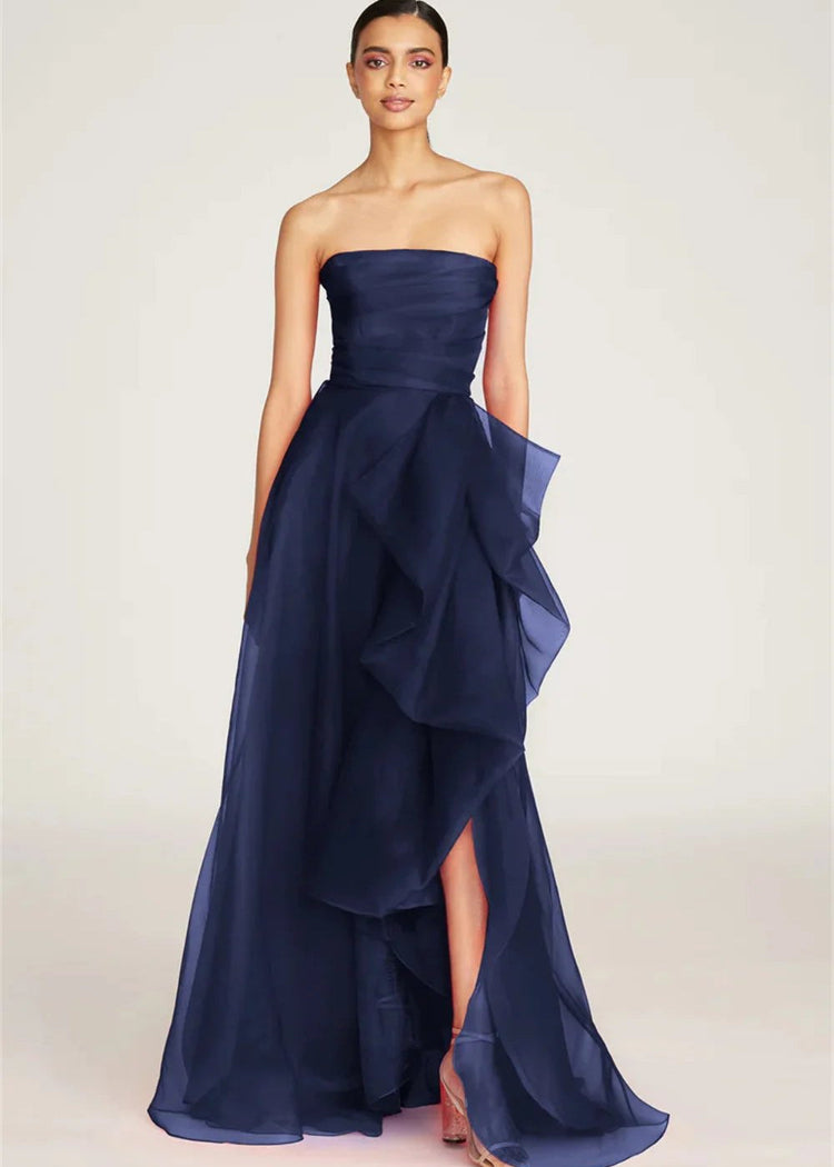 navy blue organza fabric strapless formal dress-formal elegance