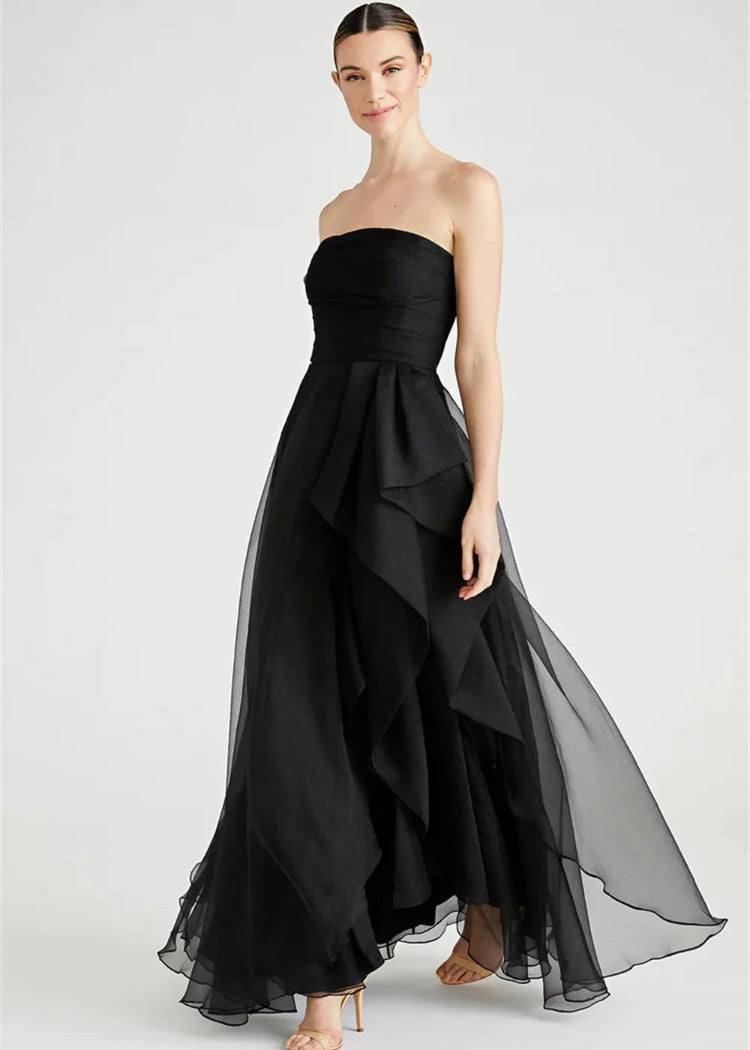 strapless black layered organza fabric evening formal dress-formal elegance