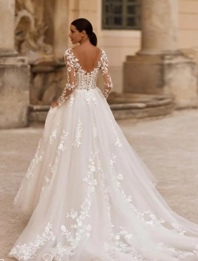 Beautiful Illusion Lace Long Sleeves Wedding Dress