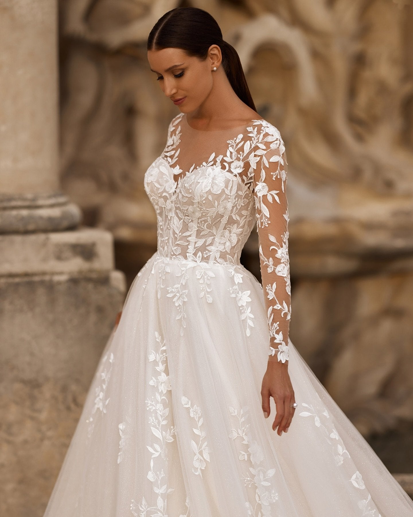 illusion neckline open back applique lace wedding dress