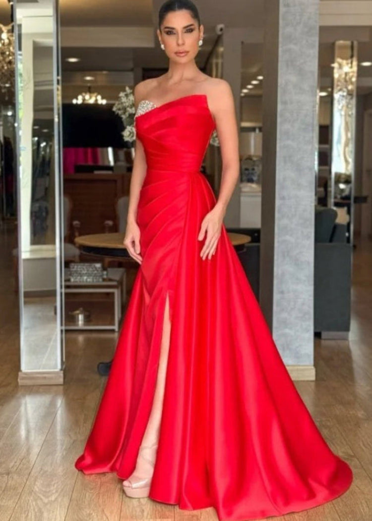 red satin strapless floor length with leg split evening dress also made in custom colours-formal elegance