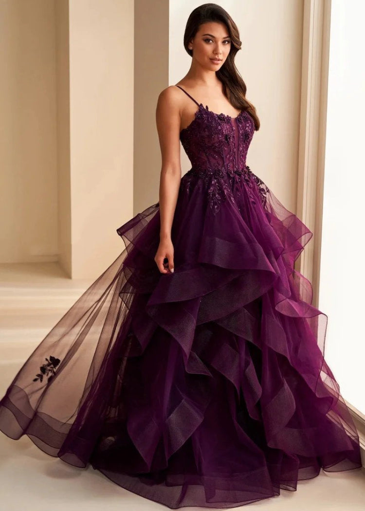 tulle beaded purple spaghetti straps a-line floor length formal dress-formal dress