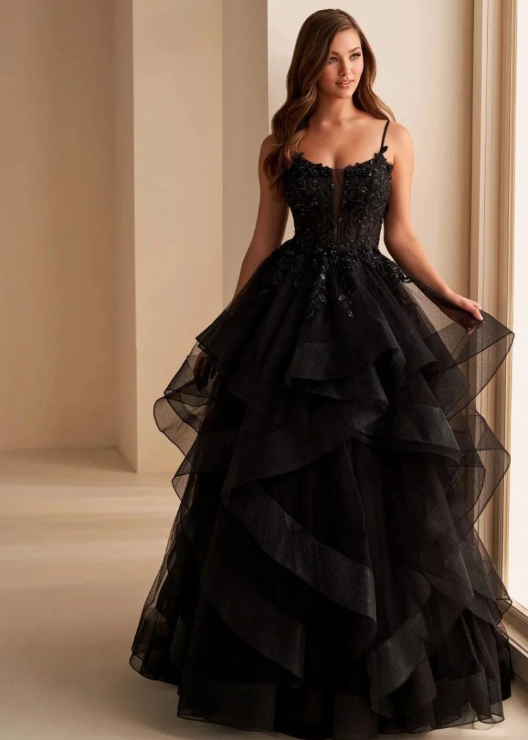black beaded tulle with spaghetti straps evening formal dresses in