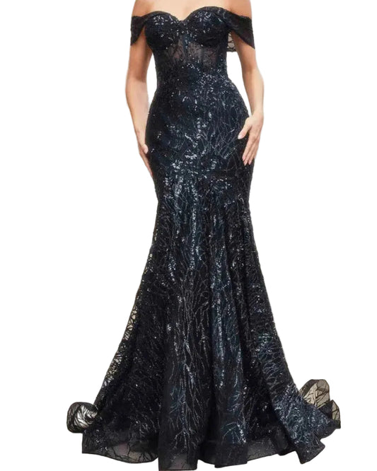 Black off-shoulder sequin mermaid gown with sweetheart neckline