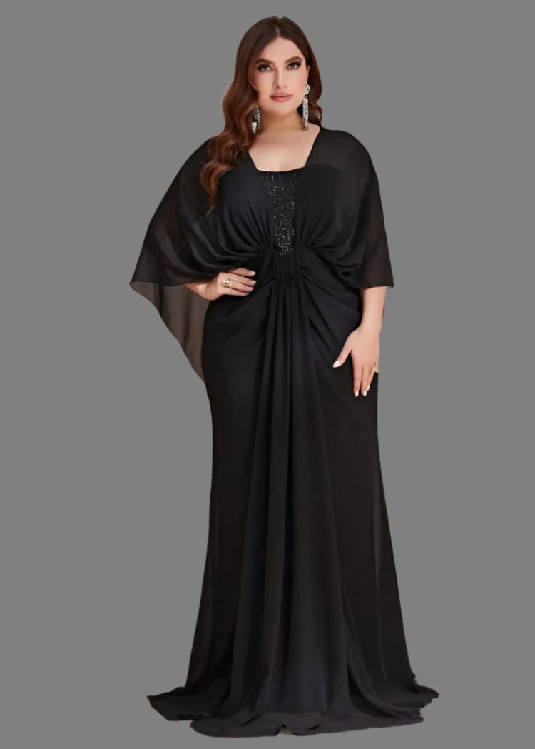 black plus size chiffon with sequins and shawl evening dress-formal elegance
