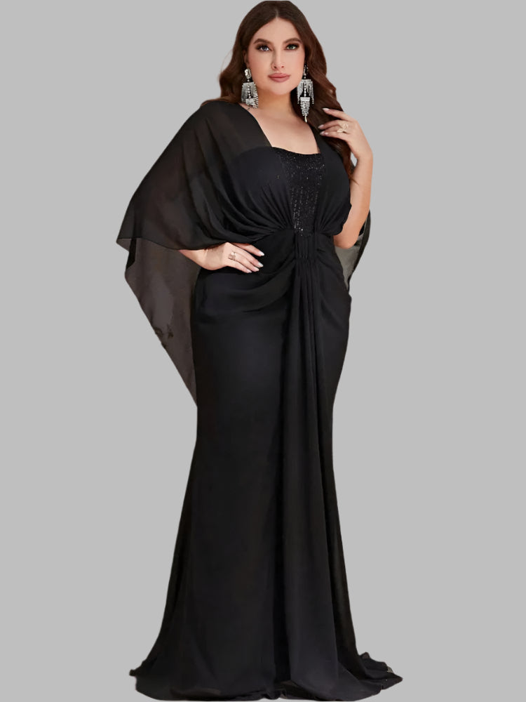 Black chiffon with shawl overlap and sequins plus size evening dress-formal elegance