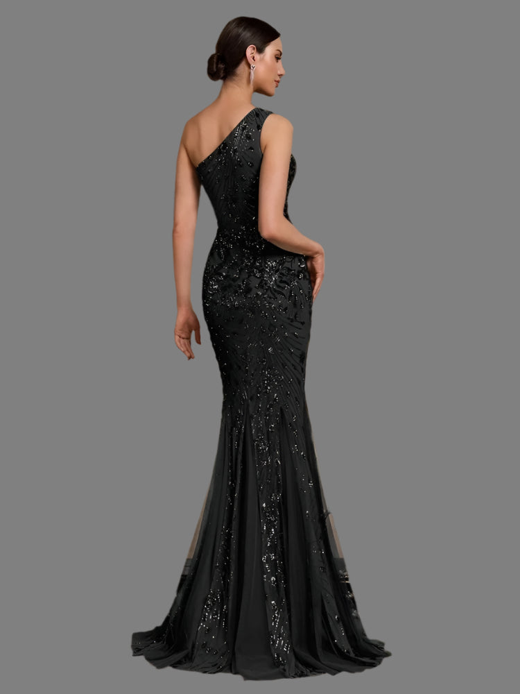 Black Sequin One Shoulder Cocktail Evening Party Dress