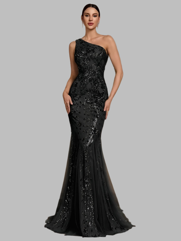 Black Sequin One Shoulder Cocktail Evening Party Dress