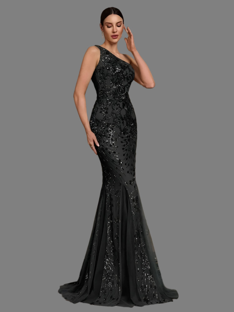Black Sequin One Shoulder Cocktail Evening Party Dress