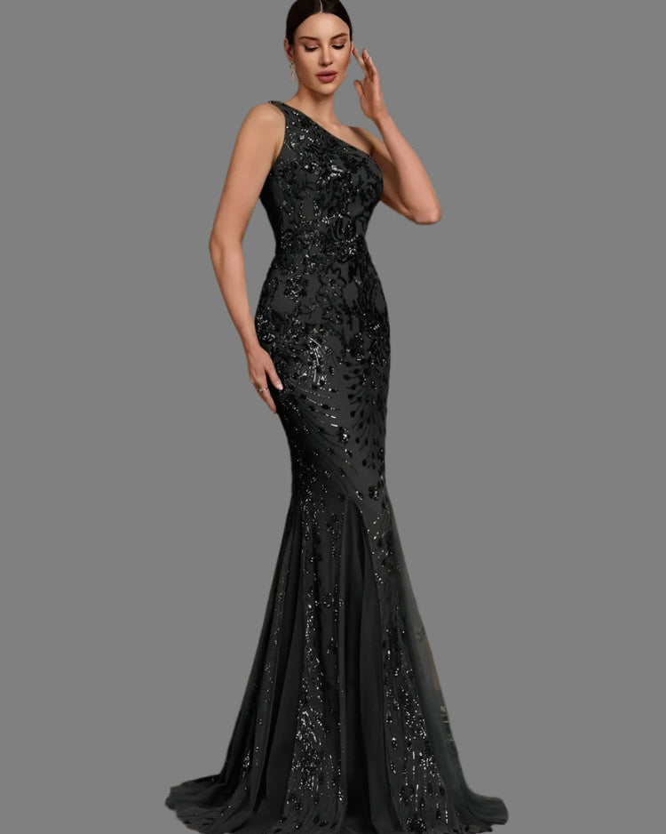 Black one-shoulder sequin mermaid dress, fitted silhouette with sweeping flared skirt