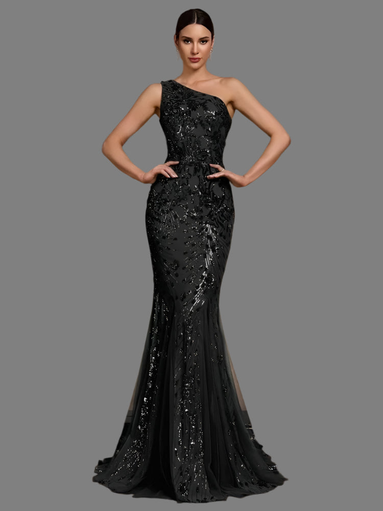 Black Sequin One Shoulder Cocktail Evening Party Dress