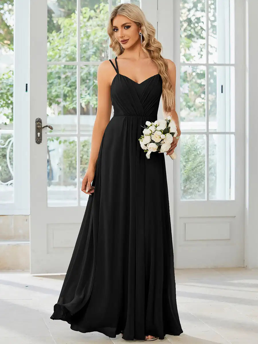 black chiffon spaghetti straps bridesmaid dress-formal elegance