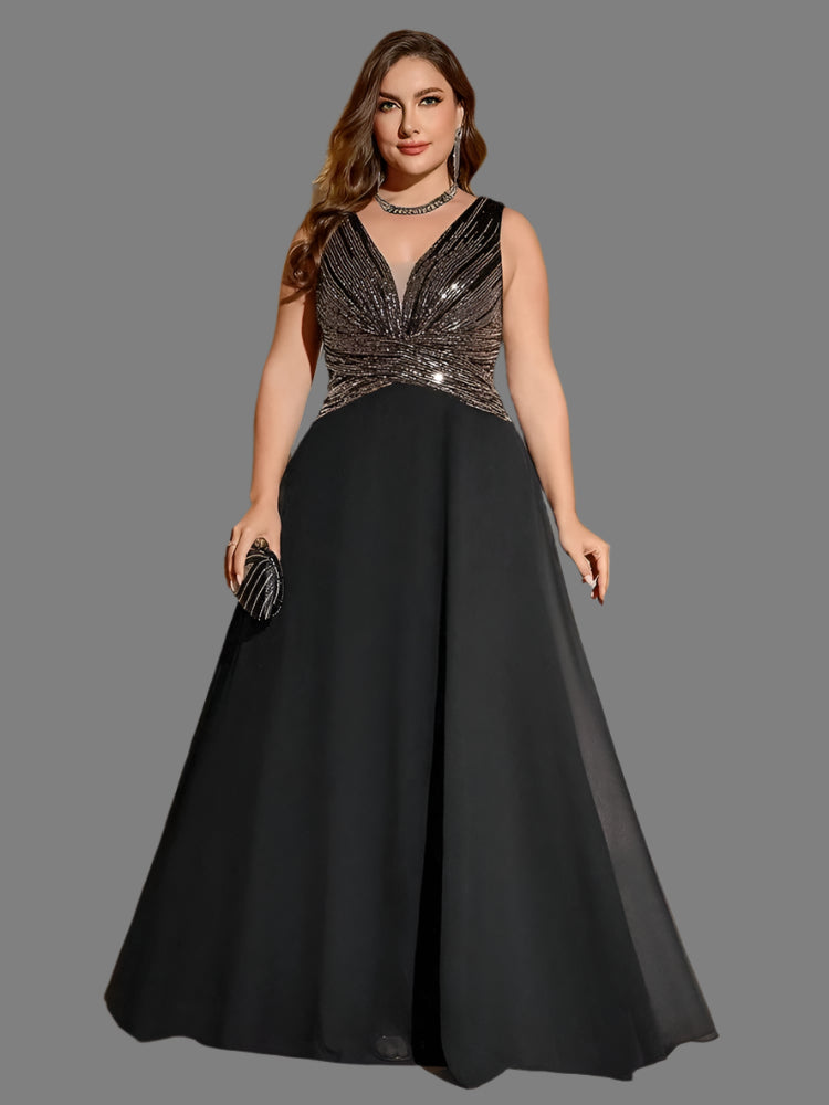 Illusion v-neck sequin bodice floor length a-line plus size formal dress