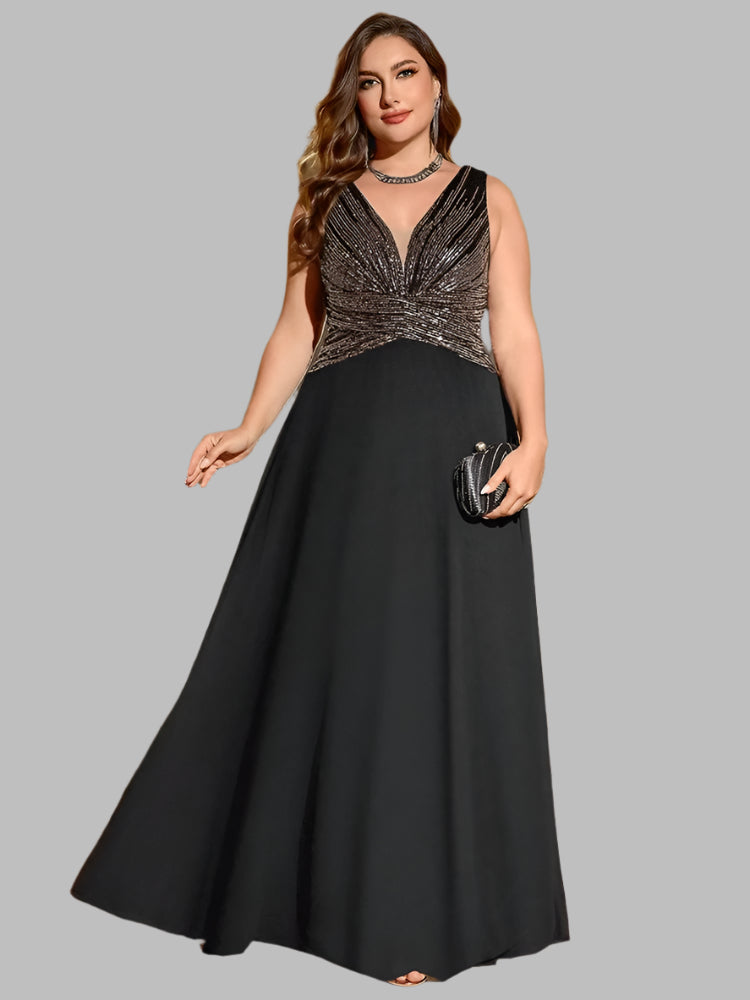 Black Plus Size V-Neck Sleeveless Sequins Chiffon Dresses
