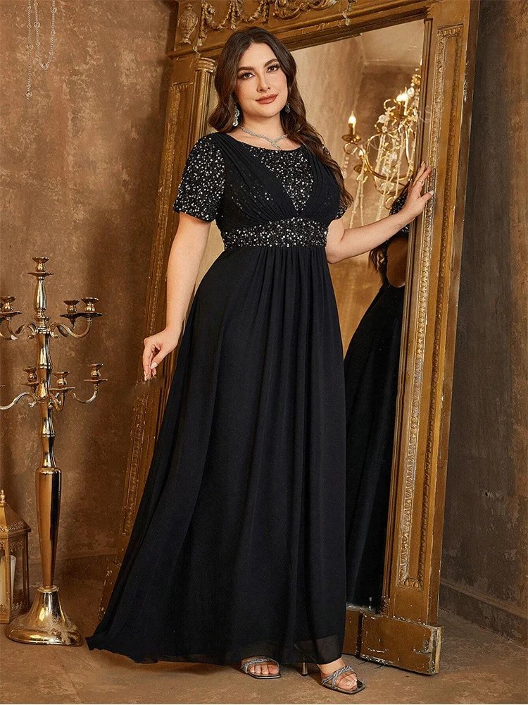 black short sleeve chiffon and sequins evening formal dresses
