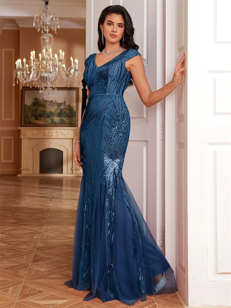 blue sleeveless v-neck sequins and tulle mermaid party dresses sizes 6-16-formal elegance
