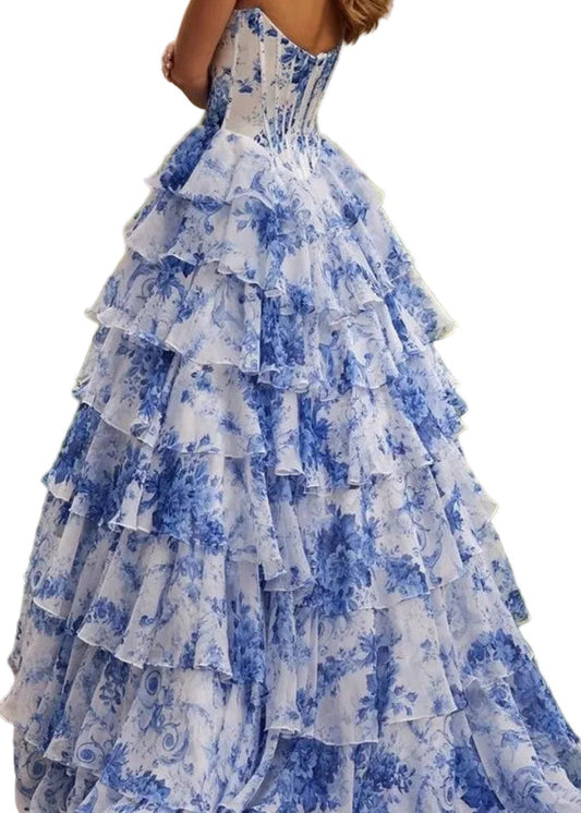 Strapless floral corset-style evening dress with layered ruffle skirt