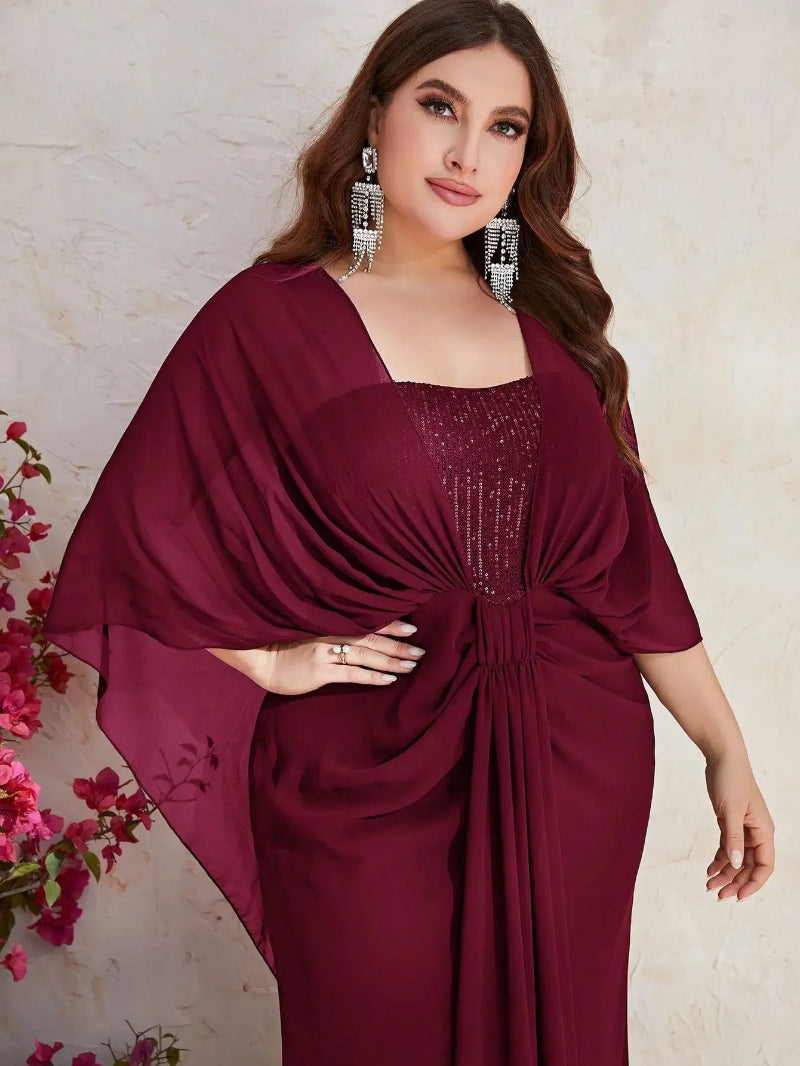 Plus Size Chiffon Sequin Elegant Shawl Evening Dress