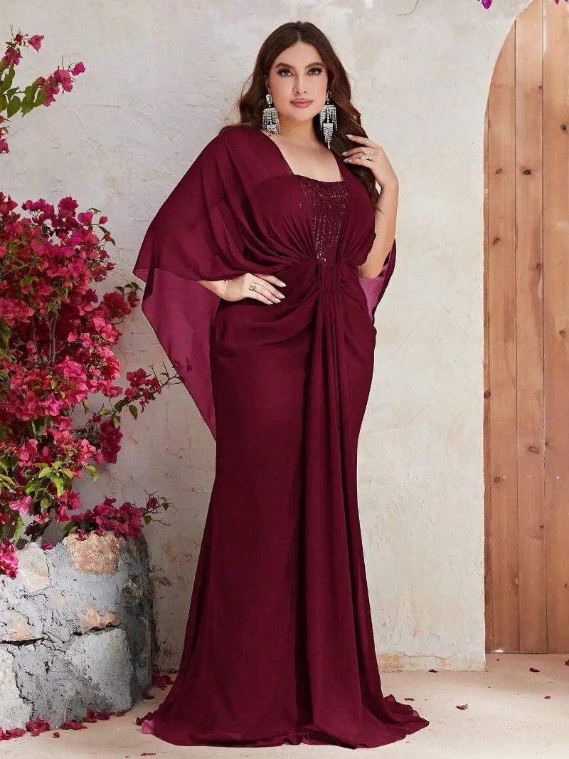 Plus Size Chiffon Sequin Elegant Shawl Evening Dress