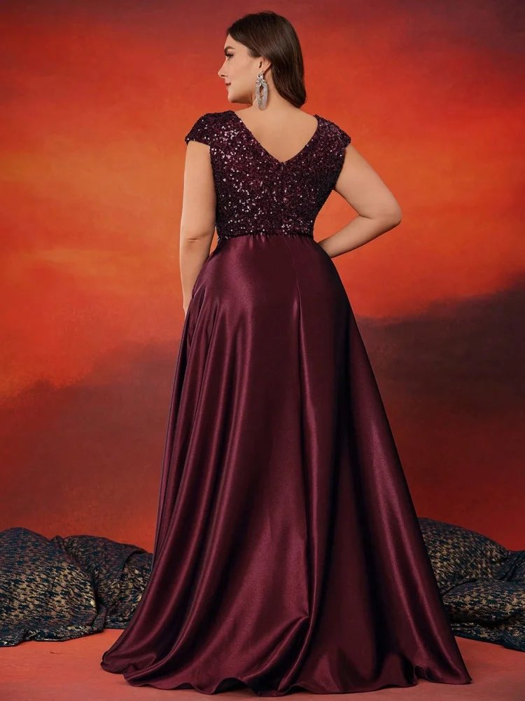 Plus Size Satin Sequin Short Sleeve Evening Dress