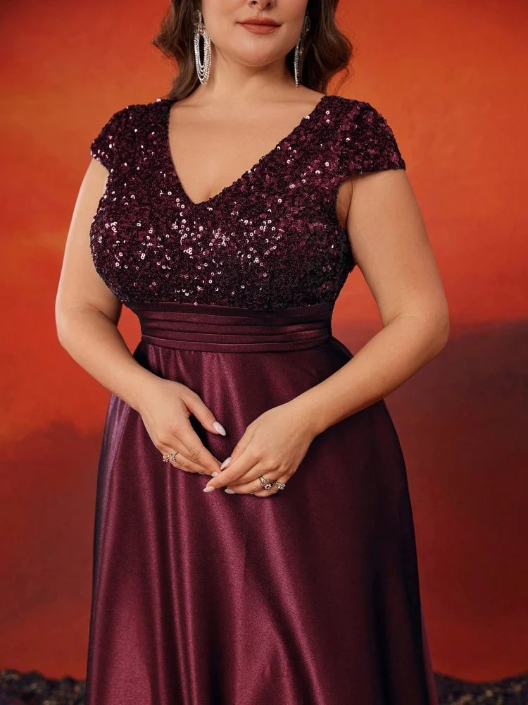 Plus Size Satin Sequin Short Sleeve Evening Dress