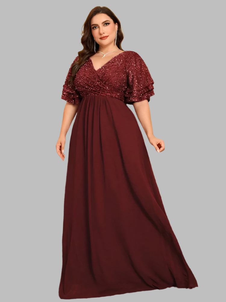 burgundy plus size evening dress with short sleeves and a sequin v- neckline-formal elegance