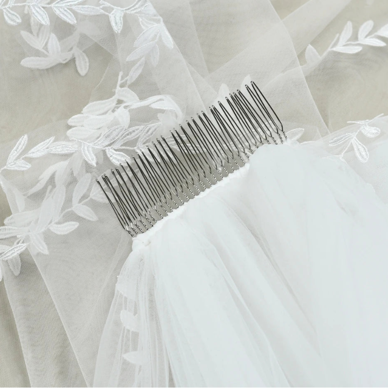 Lace edge wedding veil with comb attachment, white tulle and floral appliques