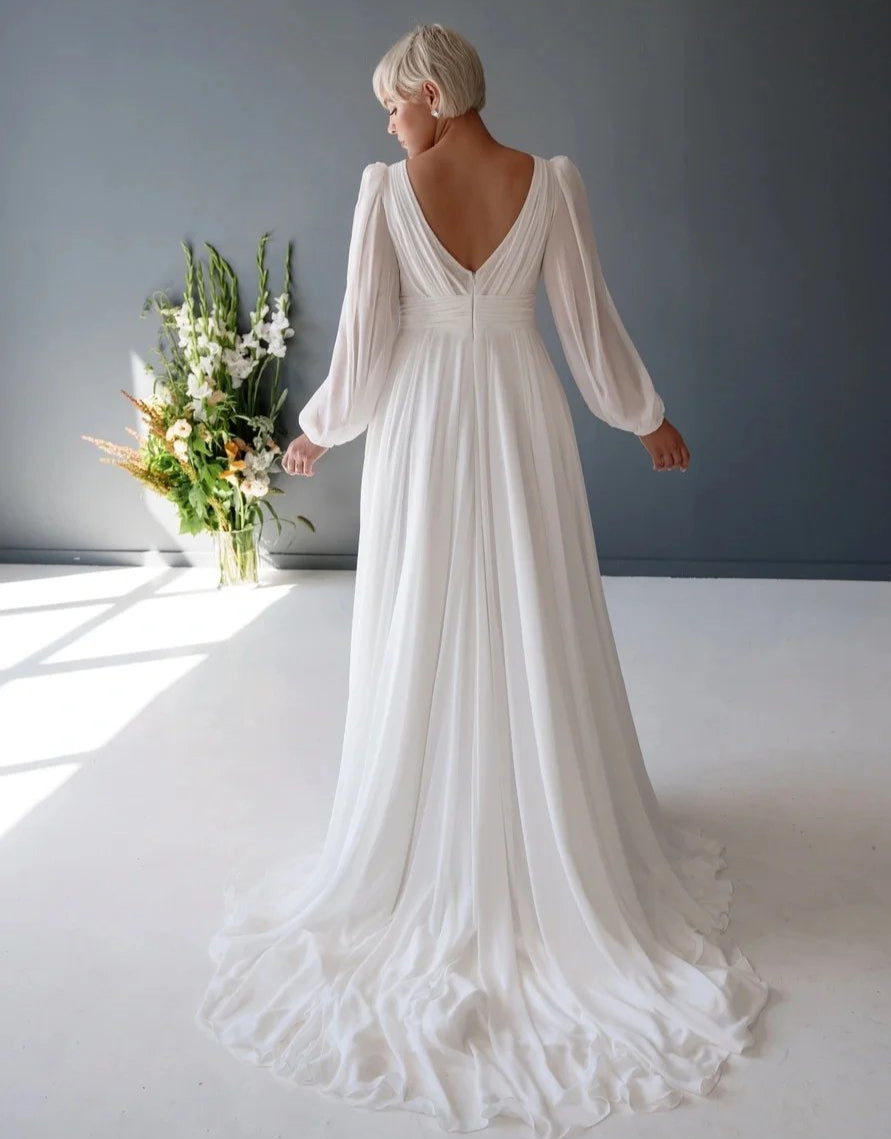 V shaped back chiffon wedding dresses with train