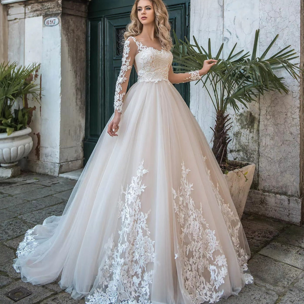 Classic Illusion Long Sleeves Lace Tulle Wedding Dress – Formal Elegance